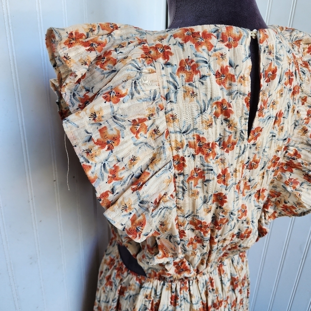 MINKPINK Zahari Dress Womens Floral Ruffled Flutter Sleeve Cottage Cutout M - Picture 10 of 16